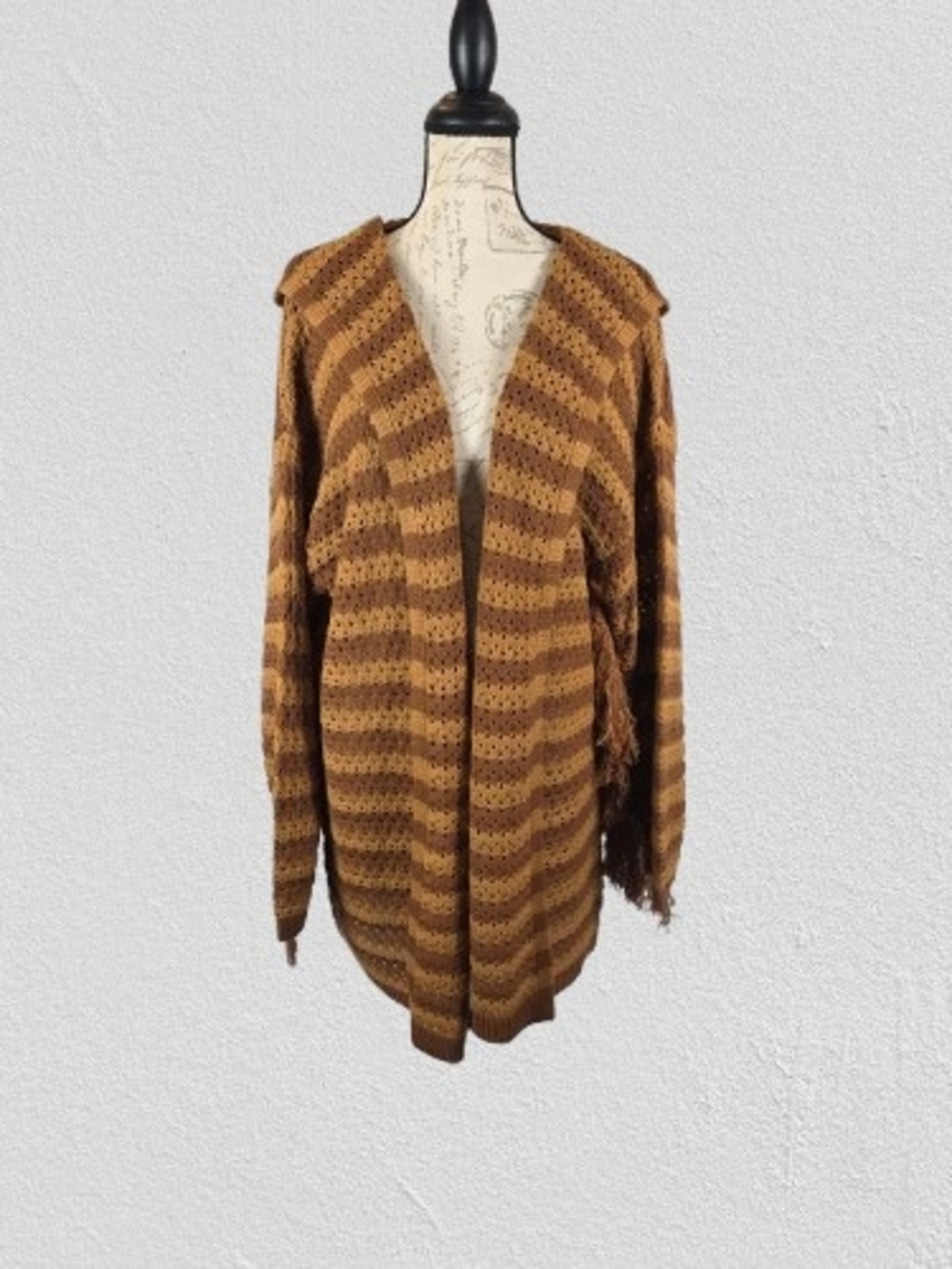 Attitudes Striped Fringed Open-Front Sweater Cardigan Brown Tan Wmn's XL